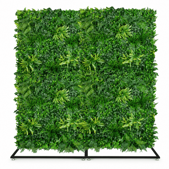 A square artificial green foliage wall panel mounted on a black metal stand, photographed against a plain white background.