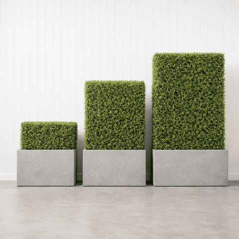 Freestanding Hedge Divider in cement grey — three sizes showing 700mm to 2200mm total heights — Evergreen Walls Australia