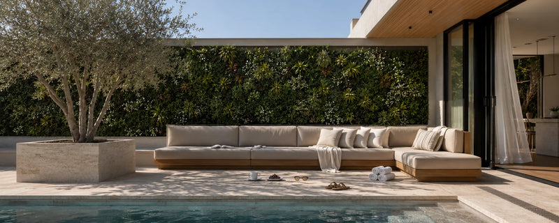 Outdoor patio with an artificial greenery wall, olive tree, and lounge seating beside a pool
